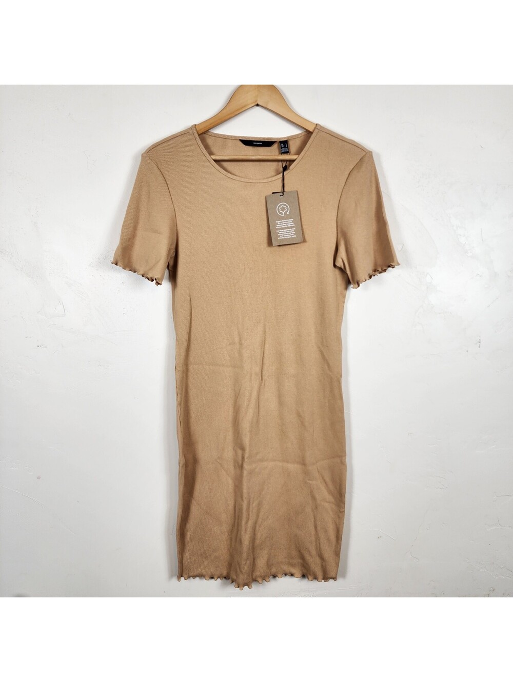NWT Vero Moda Beige Ribbed Short Sleeve Dress Lettuce Trim Camel Tan Large L
